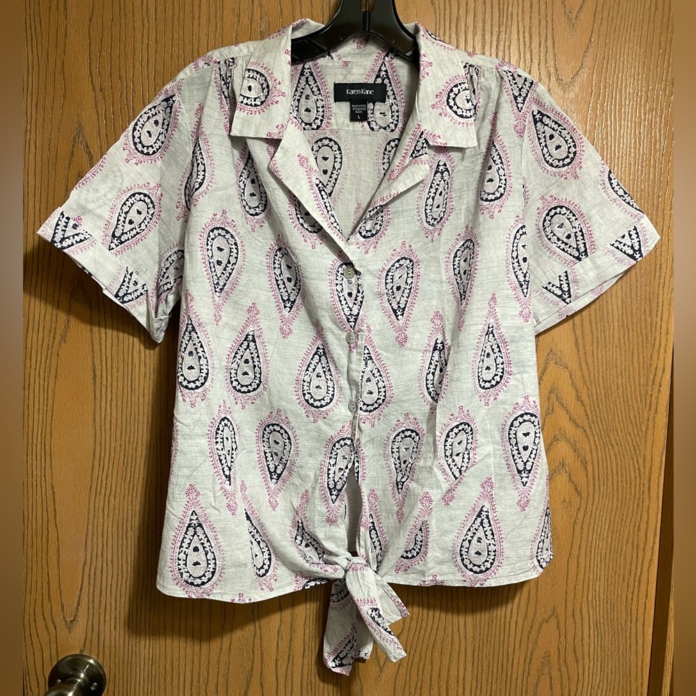 Button Down Shirt in White and Pink with Paisley Print
